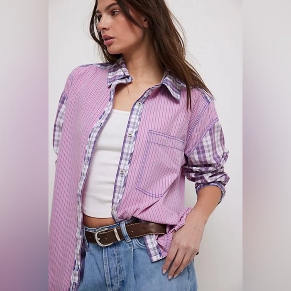New! Free People We The Free Montauk Gingham Plaid Shirt pink purple 2435 - Picture 4 of 13